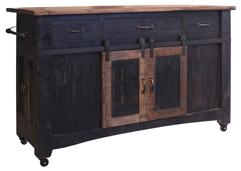 Pueblo Black 3 Drawer Kitchen Island w/2 sliding doors, 2 Mesh doors on each side - functional casters - Black & Brown Finish image